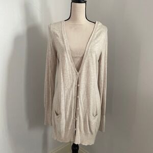 Womens Cardigan Sweater Beige XL Long Sleeve Button Front Pockets Grandpa Preppy